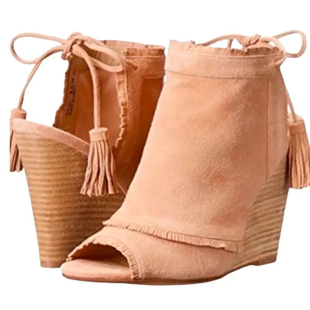 Suede Leather Woodgrain Wedge Tassel Ankle Strap Booties Kristin Cavallari NEW